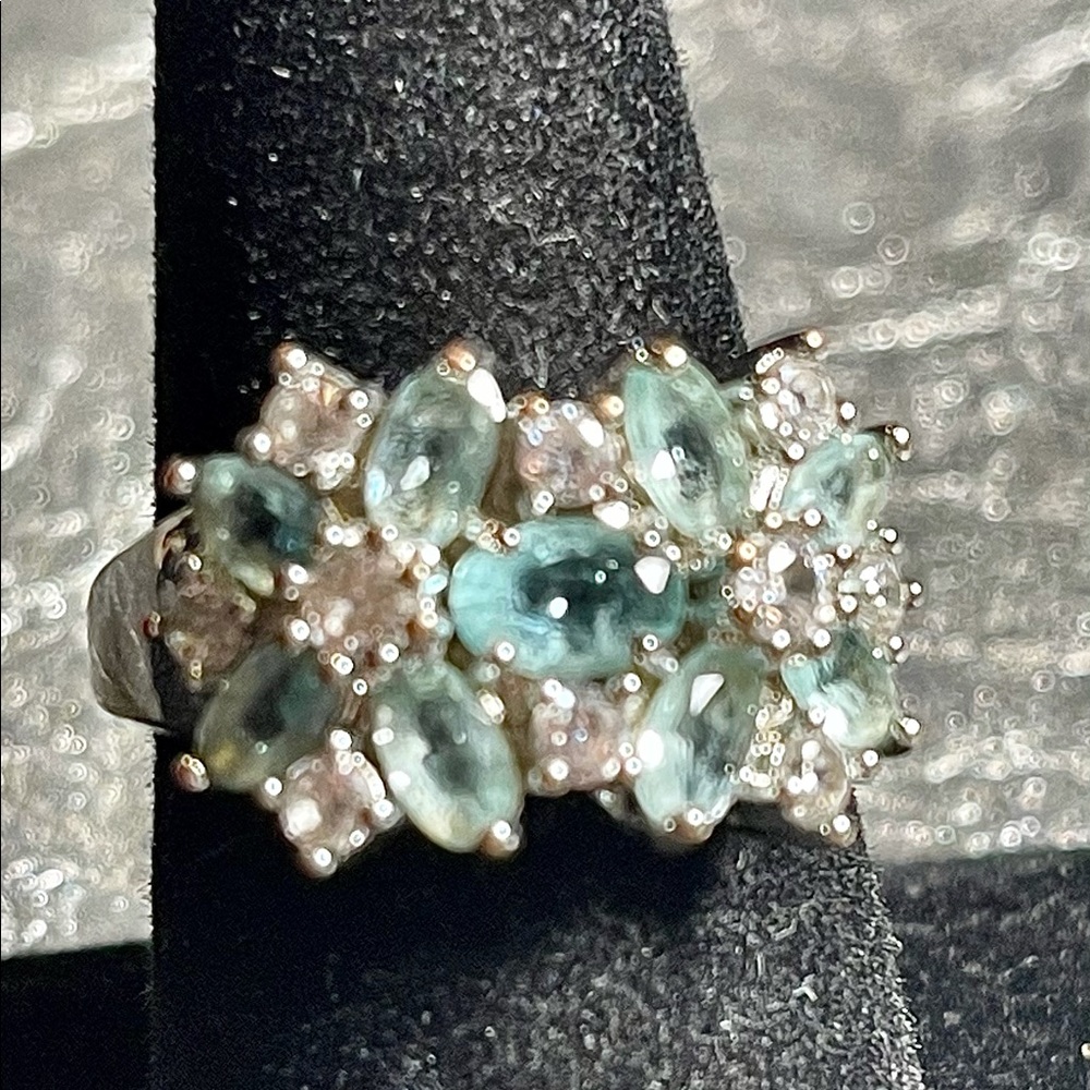 AquaMarine & Crystal Double Flowered Ring, sz 9